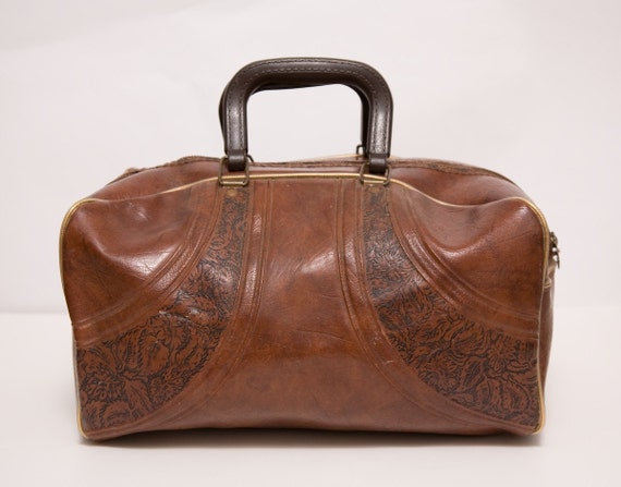 CLEARANCE SALE: Small Faux Leather Duffel Bag Tooled Leather