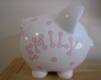 Personalized Piggy Bank Pink Polka Dots-Newborns ,Girls , Baby Shower Gift Centerpiece