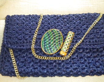 Vintage Blueberry Synthetic Husk Gold Chain Envelope Purse with AVON Compact and Lipstick