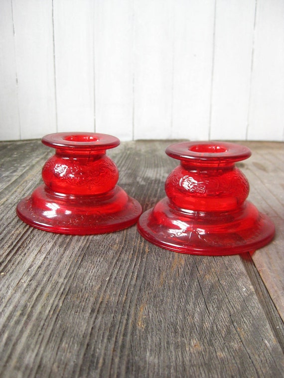 Vintage Midcentury RUBY Red Glass Candlesticks Candle by OBJX