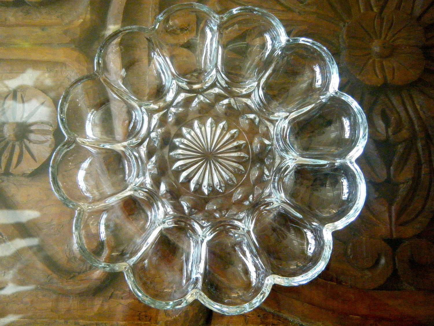 Classic Vintage Deviled Egg Dish Clear Glass with Crystal