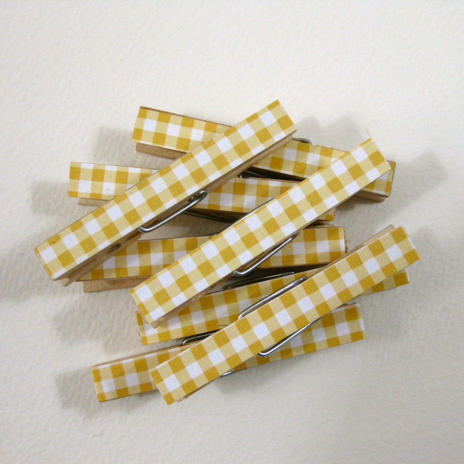 Clothespins. Set of Ten. Yellow Gingham