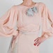 vintage peach silk chiffon open shoulder dress with blue handmade flowers and sash small