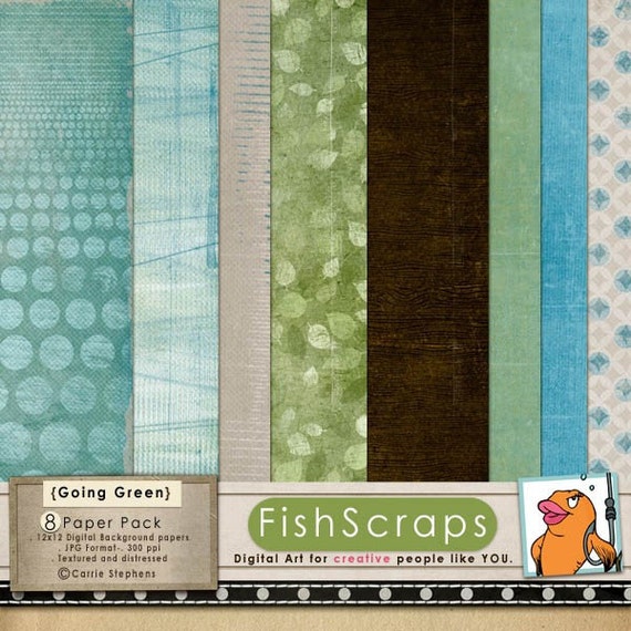 50% Sale - Blue Green Brown Digital Papers - Wood Grain, Leaves Patterned Papers - Earthy Outdoor wedding, DIY Printable Paper Il_570xn