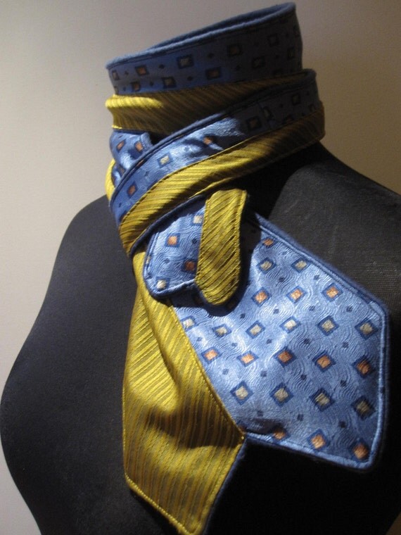 Repurposed Neckties Fleece Scarf in Blue and Golden yellow