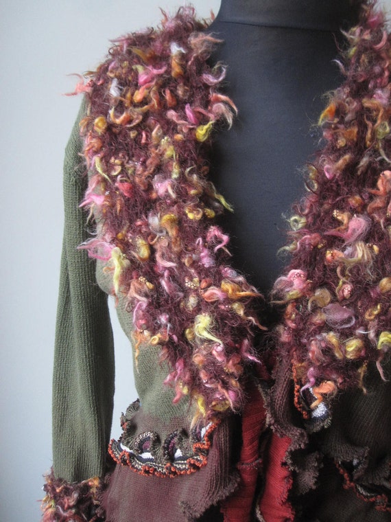 Upcycled Sweater Tattered Ruffle Cardigan in Green and Brown