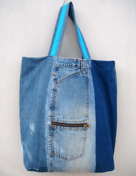 Destressed Repurposed Patchwork Denim Tote Bag Blue and