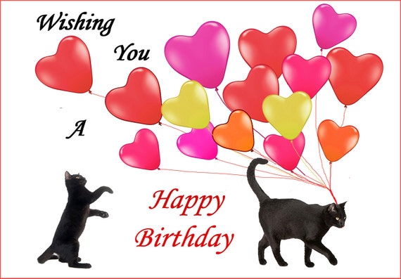 Cat Birthday Card Black Cats And Love Balloons Cat Lover