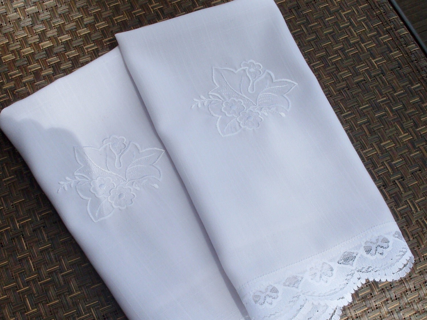 White Embroidered Tea Towels With Lace
