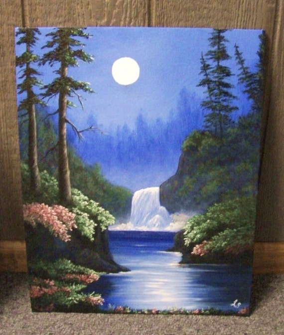 Waterfall in the Moonlight Lake Flowers Fantasy Woods