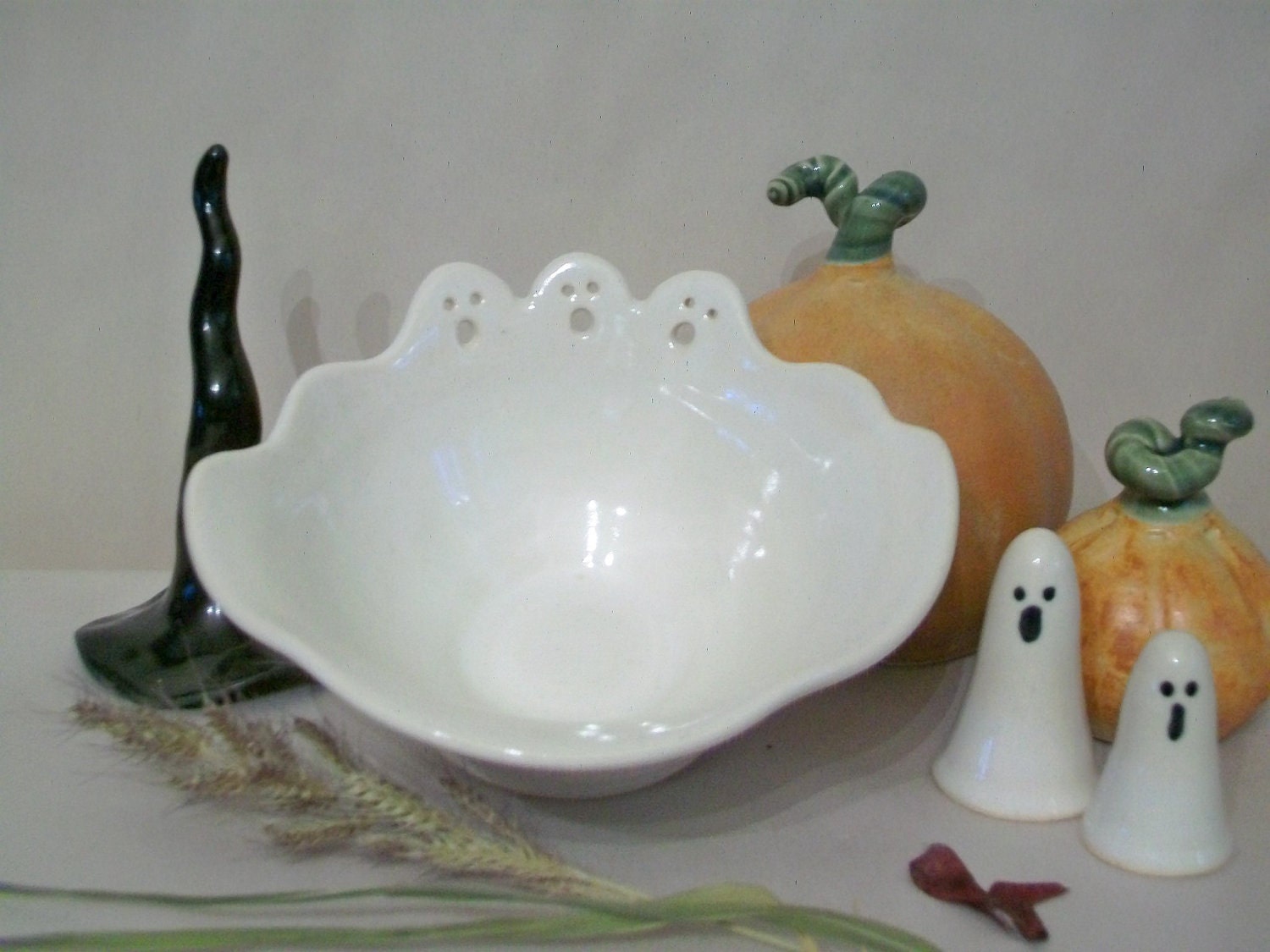 Ghost Bowl Candy Dish Halloween Hand Carved Hand Made on