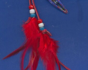 Feather Hair Clip, Barrette, FC-10, Red, White, Blue Glass Beads