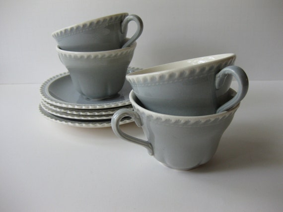 Vintage Harker Ware Pate Sur Pate Slate Blue and White Teacups