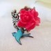 Red Rose Teal Bird Charm Ring- Antique Brass Adjustable Ring- Sweet Flutters Red- Holly Ring