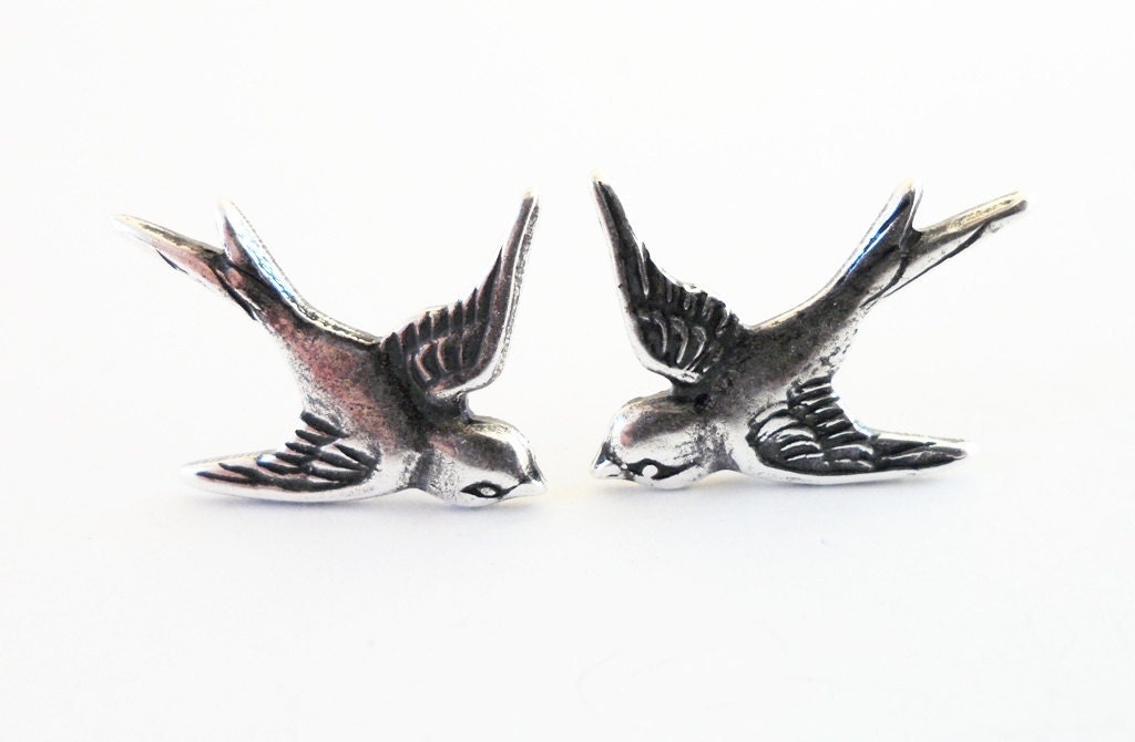 Steampunk Sparrow Earrings- Sterling Silver Ox Finish- Surgical Steel or Titanium Post Earrings