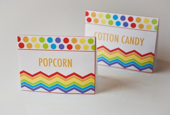 Rainbow Birthday Food Label Tent Cards Polka Dot Birthday Party - Set of 12