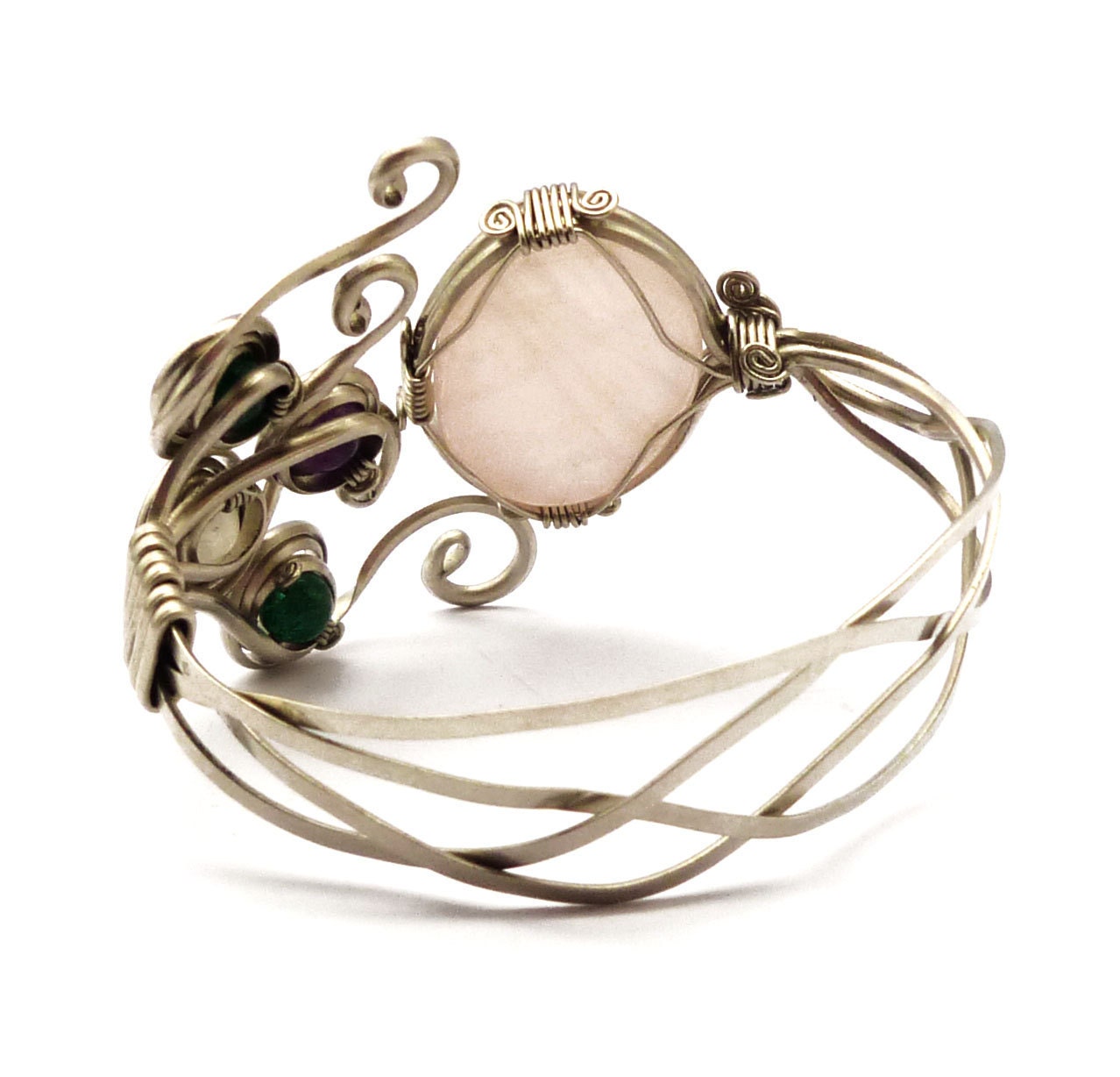 Wire Wrap Braided Bracelet with Rose Quartz Green Jade