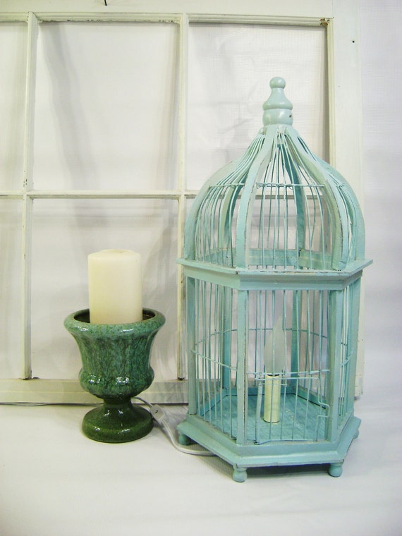 Tuquise Aqua Wooden Birdcage Lamp Candle Light Fixture Tuquise Aqua Wooden Birdcage Lamp Candle Light Fixture Shabby Chic Plug In