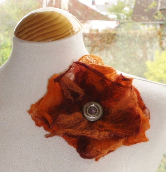 Felted wool flower brooch pin corsage - orange deep red -autumn fall tones - Gift For Her OOAK, Art To Wear