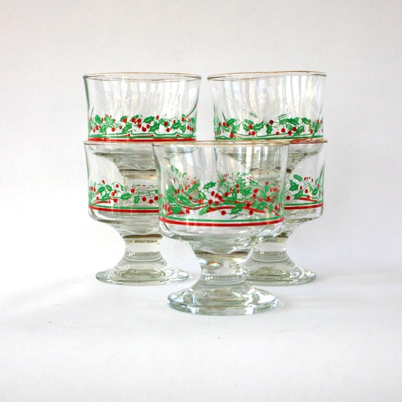 Christmas Glassware. Vintage Barware. Holly Glasses. Sherbert