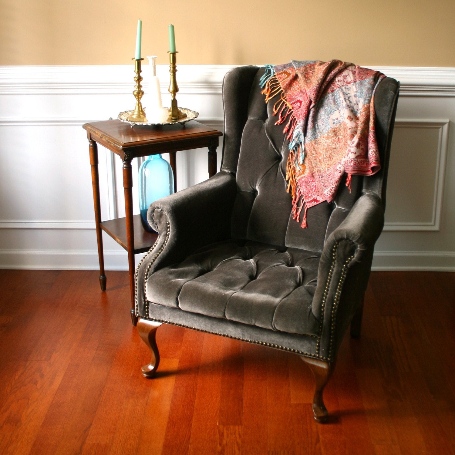 Vintage Upholstered Wing Back Arm Chair. Velvet. Tufted.