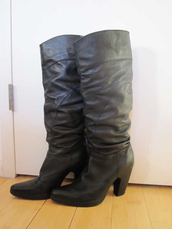Slouchy Black leather Boots Size 8 or 9
