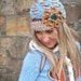 HAPPY hippie crochet slouch hat blue beige FLOWER cap NEWSBOY hat interwoven pattern gypsy funky hat blue beige