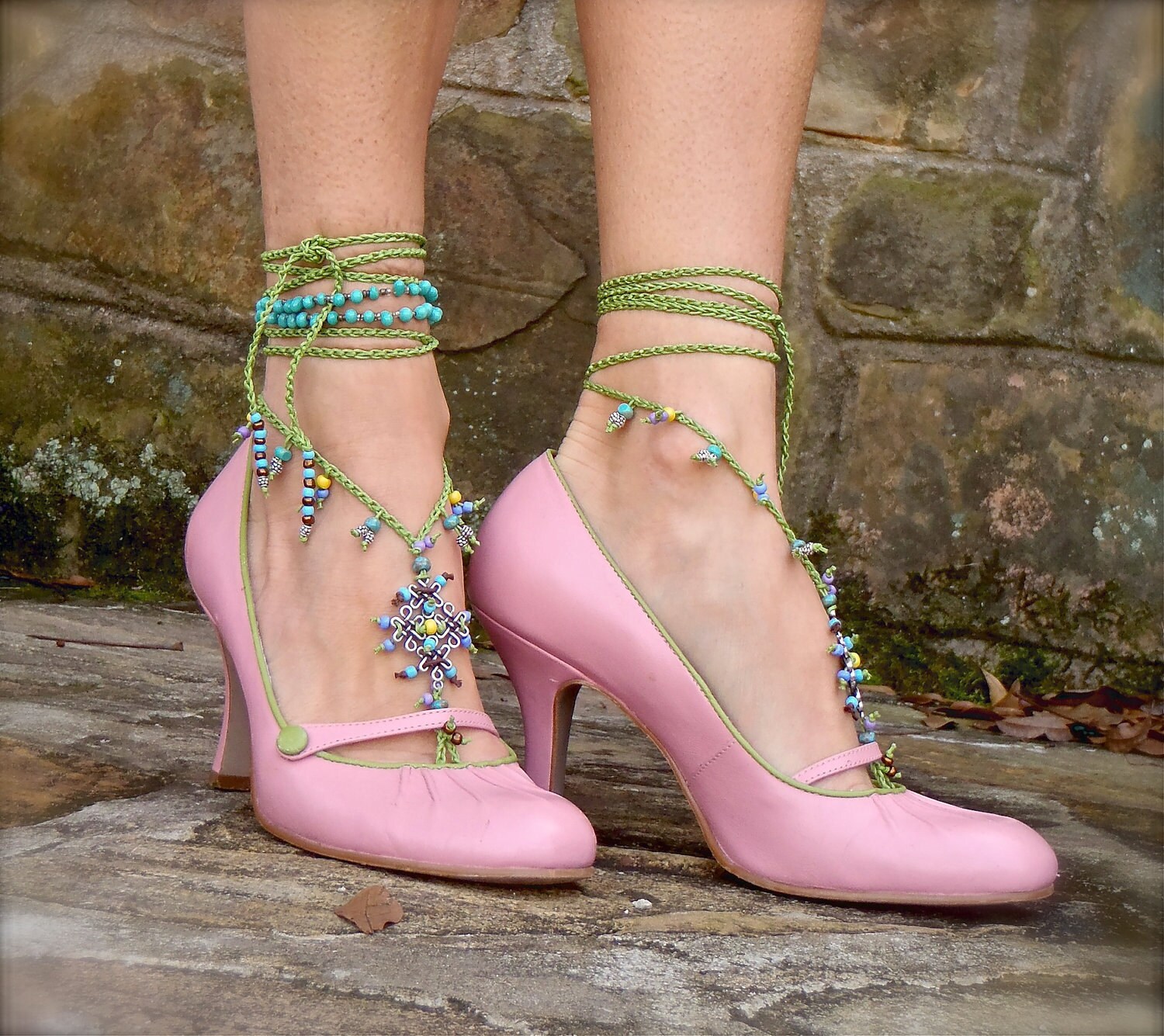 Bohemian Barefoot Sandals With Green Lace Crochet Eternal