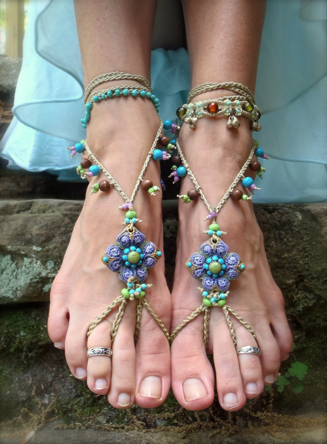 Purple Barefoot Sandals Beaded Crochet Sandals Foot Jewelry