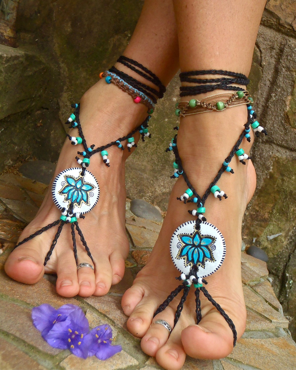 black and white TRIBAL LOTUS BAREFOOT sandals Black and White