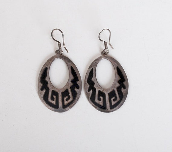 Vintage 70s Sterling Silver Enamel Hoop Earrings