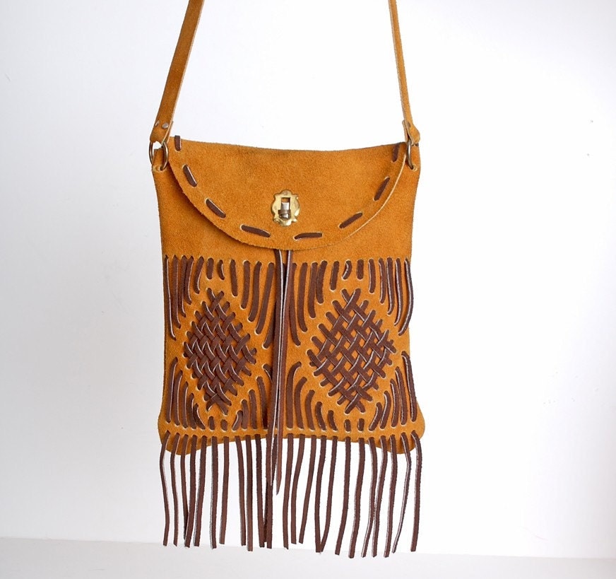 Vintage 70s Brown Suede Leather Fringe Shoulder Bag
