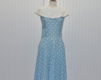 Vintage 1960 Dress Sky Blue With White Polka Dots Sundress