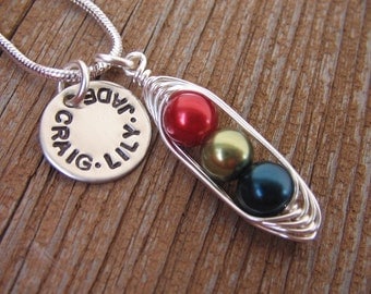 Personalized necklace - handstamped necklace - peas in a pod necklace - mothers necklace - silver charm - name necklace - bff necklace