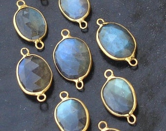 925 Sterling Silver, BLUE FLASHY Labradorite, 24K Gold Plated Connector,ONE Piece of 14-16mm