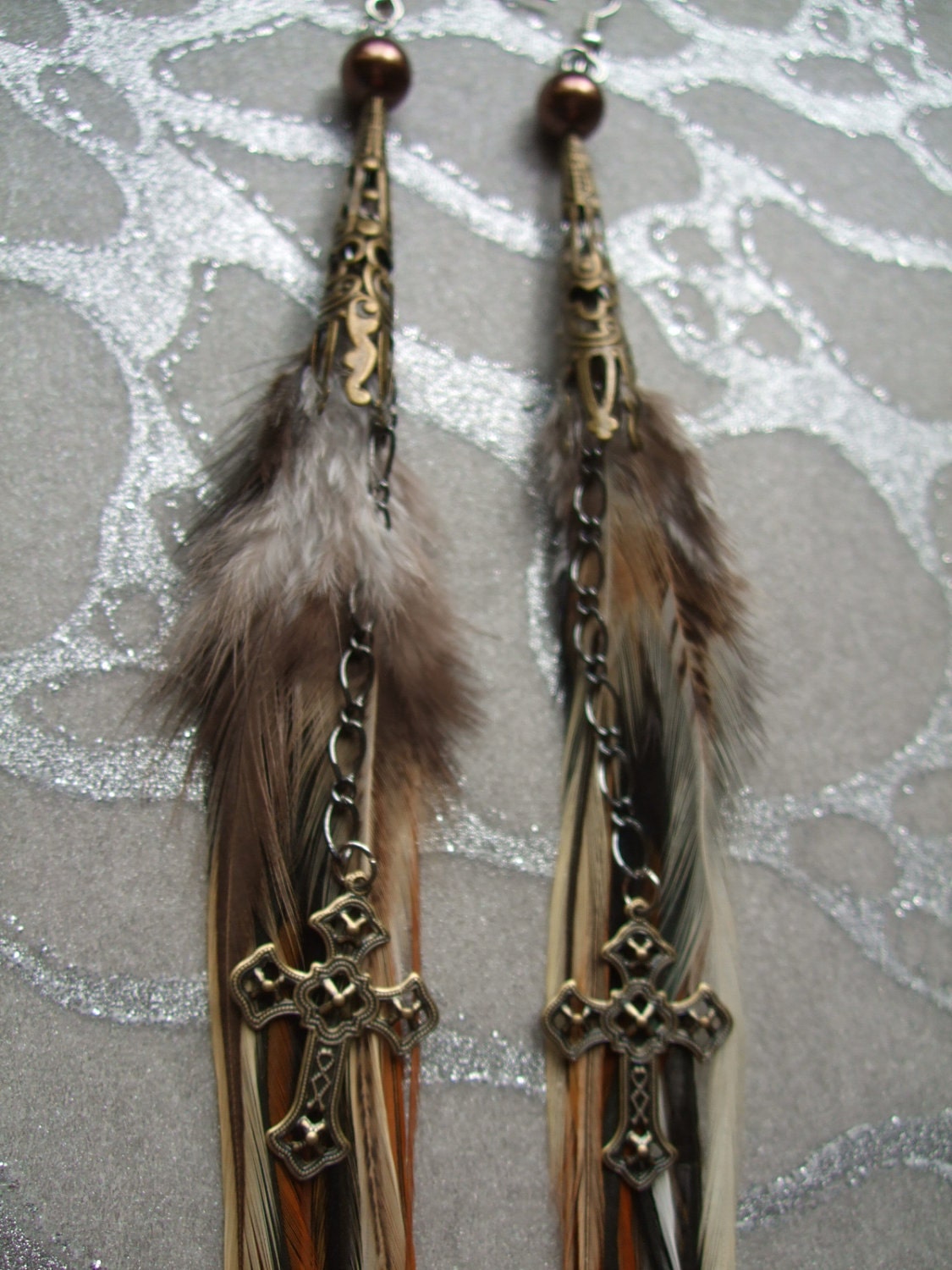 Feather Earrings Long Browns Creams & Black by MEDICINAdesigns