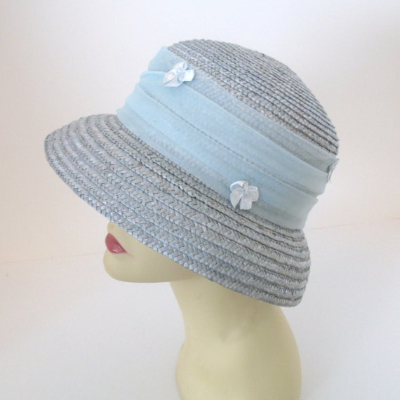 Ladies Light Blue Straw Bucket Hat