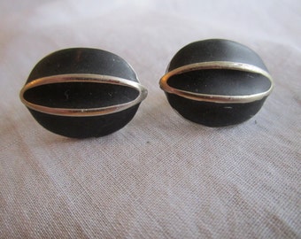 Vintage Silver Tone Black and Silver Oval Clip On Earrings