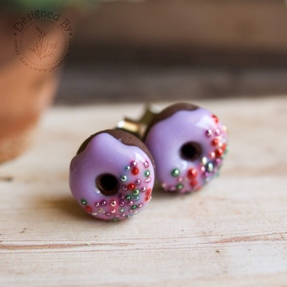 Items similar to Purple Donut Stud Earrings Miniature Food Jewelry