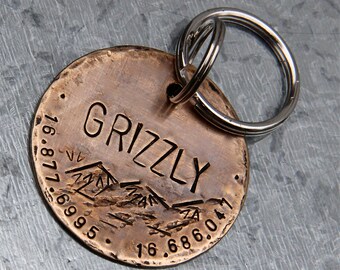 Custom Dog ID Tag, Grizzly, in XL 1.5'' Distressed Bronze