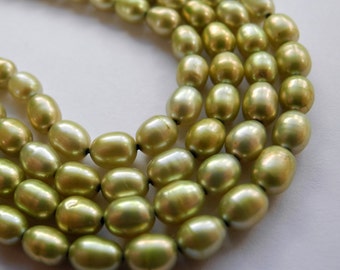 Freshwater Rice Pearls 6mm 6.5mm Light Olive Green Full Strand