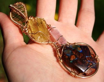 Infinity Heliodor Pink Tourmaline Boulder Opal Pendant Wrapped in Gold Filled Wire