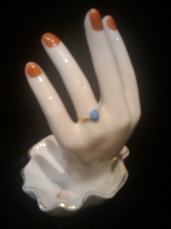 vintage hand ring holder porcelain with red painted nails