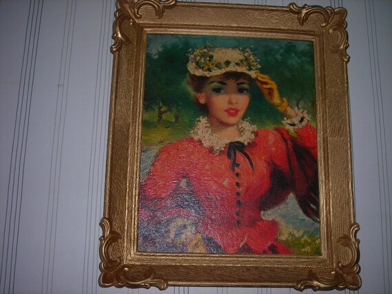 Items similar to vintage art picture and plastic frame french lady red ...