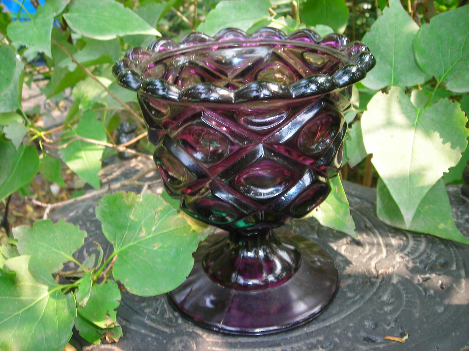 Vintage Depression Pressed Glass Purple Compote Candy Dish 8018