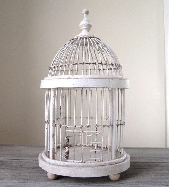Vintage White Chippy Paint Bird Cage wood & metal