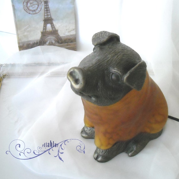 vintage 70's brass and amber glass pig shaped lamp