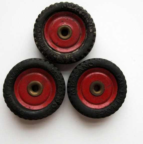 Vintage Meccano Toy Wheels Rubber Tires. France. Set of 3