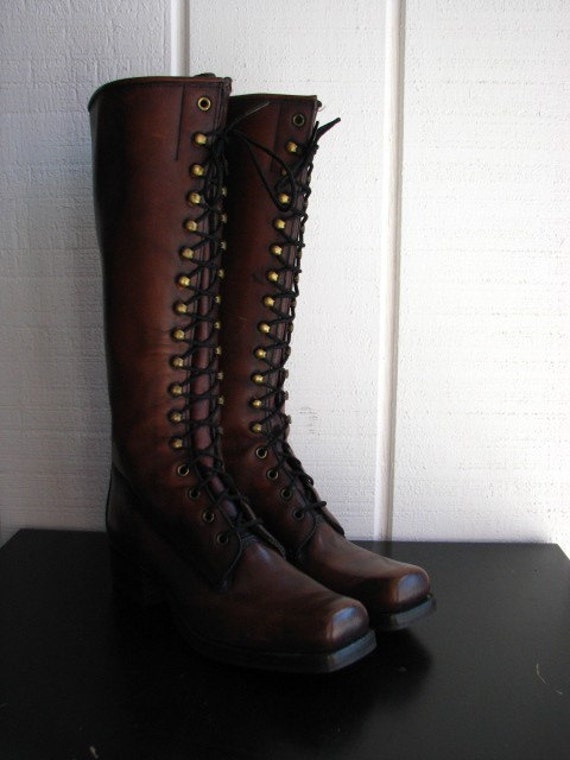 Vintage 70s Brown Lace up Boots 8 1/2 by snootieseconds on Etsy