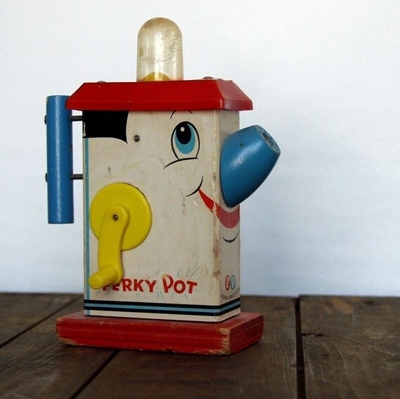 Adorable 1950s Fisher Price Perky Pot Coffee Pot Wood Toy